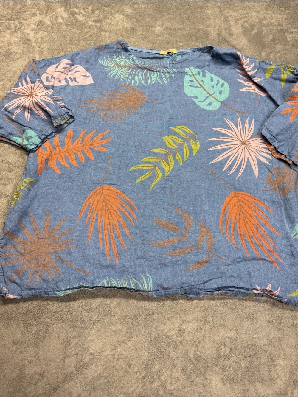 100% Linen Blue Tropical Print Short Sleeve Blouse - Made in Italy M